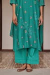 Buy_Vaayu_Teal Muslin, Cotton Embroidery, Applique, Tassels Split V-neck Bloom Kurta Set _Online_at_Aza_Fashions