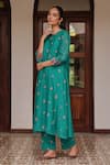 Vaayu_Teal Muslin, Cotton Embroidery Round , Keyhole Bloom Kurta And Pant Set _Online_at_Aza_Fashions