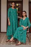 Shop_Vaayu_Teal Muslin, Cotton Embroidery Round , Keyhole Bloom Kurta And Pant Set _Online_at_Aza_Fashions