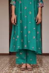 Vaayu_Teal Muslin, Cotton Embroidery Round , Keyhole Bloom Kurta And Pant Set _at_Aza_Fashions