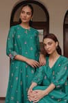 Buy_Vaayu_Teal Muslin, Cotton Embroidery Round , Keyhole Bloom Kurta And Pant Set 