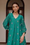 Vaayu_Teal Muslin, Cotton Embroidery V-neck Bloom Dress _Online_at_Aza_Fashions