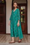 Buy_Vaayu_Teal Muslin, Cotton Embroidery V-neck Bloom Dress _Online_at_Aza_Fashions