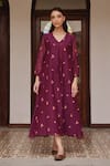 Buy_Vaayu_Purple Muslin, Cotton Embroidery V-neck Amethyst Bloom Dress _at_Aza_Fashions