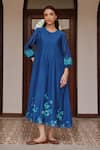 Buy_Vaayu_Blue Muslin, Cotton Applique Round Neck Indigo Pintuck Dress _at_Aza_Fashions