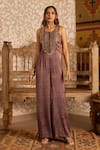 Buy_Akashi Clothing_Brown Modal, Satin Embroidery, Beads Round Neck Ajrakh Hand Block Print Jumpsuit _at_Aza_Fashions