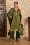 Buy_Akashi Clothing_Green Modal, Satin Embroidery, Chains V-neck Ajrakh Dual Print Kaftan And Pant Set _at_Aza_Fashions