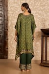 Shop_Akashi Clothing_Green Modal, Satin Embroidery, Chains V-neck Ajrakh Dual Print Kaftan And Pant Set _at_Aza_Fashions