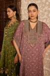 Akashi Clothing_Green Modal, Satin Embroidery, Chains V-neck Ajrakh Dual Print Kaftan And Pant Set _at_Aza_Fashions