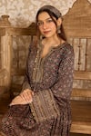 Akashi Clothing_Black Modal, Satin Embroidery, Beads Split V-neck Ajrakh Hand Block Print Dress _Online_at_Aza_Fashions