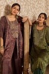 Buy_Akashi Clothing_Brown Modal, Satin Embroidery, Beads, Ajrakh Print Kaftan With Flared Pant 