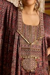 Shop_Akashi Clothing_Brown Modal, Satin Embroidery, Beads, Ajrakh Print Kaftan With Flared Pant 