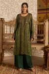 Buy_Akashi Clothing_Green Modal, Satin Embroidery Round Neck Ajrakh Print Kurta And Palazzo Set _at_Aza_Fashions