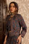Shop_Akashi Clothing_Blue Modal, Satin Embroidery, Sequins Open Neck, Ajrakh Print Jacket Skirt Set _Online_at_Aza_Fashions