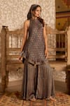 Buy_Akashi Clothing_Black Modal, Satin Embroidery Halter Neck Ajrakh Print Kurta And Sharara Set _at_Aza_Fashions