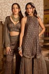 Shop_Akashi Clothing_Black Modal, Satin Embroidery Halter Neck Ajrakh Print Kurta And Sharara Set 