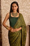 Akashi Clothing_Green Modal, Satin Embroidery, Zari Ajrakh Printed Saree With Corset Blouse _at_Aza_Fashions