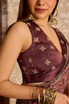 Akashi Clothing_Brown Modal, Satin Embroidery, Stones V-neck Ajrakh Print Saree With Blouse _Online_at_Aza_Fashions