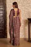 Shop_Akashi Clothing_Brown Modal, Satin Embroidery, Stones V-neck Ajrakh Print Saree With Blouse _at_Aza_Fashions