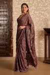 Buy_Akashi Clothing_Brown Modal, Satin Embroidery, Stones V-neck Ajrakh Print Saree With Blouse _Online_at_Aza_Fashions