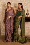 Shop_Akashi Clothing_Brown Modal, Satin Embroidery, Stones V-neck Ajrakh Print Saree With Blouse _Online_at_Aza_Fashions