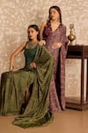 Akashi Clothing_Brown Modal, Satin Embroidery, Stones V-neck Ajrakh Print Saree With Blouse _at_Aza_Fashions