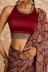 Akashi Clothing_Red Modal, Satin Embroidery Round Neck Ajrakh Print Saree With Blouse _Online_at_Aza_Fashions