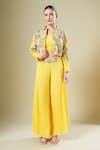 Shop_Samyukta Singhania_Yellow Georgette Embroidery, Mirrors Collared, Bandeau Neck Jacket Palazzo Set _Online_at_Aza_Fashions