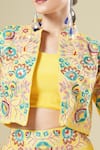 Samyukta Singhania_Yellow Georgette Embroidery, Mirrors Collared, Bandeau Neck Jacket Palazzo Set _at_Aza_Fashions