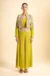 Buy_Samyukta Singhania_Green Georgette Embroidery, Beads, Sequins High Neck, Jacket Palazzo Set _Online_at_Aza_Fashions