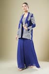 Shop_Samyukta Singhania_Blue Georgette Sequins, Beads, Embroidery Open Neck, Jacket Palazzo Set _Online_at_Aza_Fashions