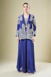 Samyukta Singhania_Blue Georgette Sequins, Beads, Embroidery Open Neck, Jacket Palazzo Set _at_Aza_Fashions