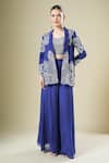 Buy_Samyukta Singhania_Blue Georgette Sequins, Beads, Embroidery Open Neck, Jacket Palazzo Set _at_Aza_Fashions