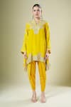 Buy_Samyukta Singhania_Yellow Georgette Embroidery, Zari Split Asymmetrical Kurta And Dhoti Pant Set _Online_at_Aza_Fashions