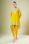 Buy_Samyukta Singhania_Yellow Georgette Embroidery, Zari Split Asymmetrical Kurta And Dhoti Pant Set _at_Aza_Fashions