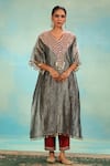 Buy_Swati Wadhwani Couture_Gray Tissue, Chanderi Embroidery, Sequins, Crush Kaftan And Contrast Pant Set _at_Aza_Fashions