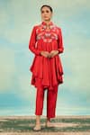 Buy_Swati Wadhwani Couture_Red Silk, Crepe Embroidery Mandarin Collar, Split V-neck Peplum Kurta And Pant Set _at_Aza_Fashions