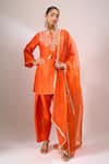 Shop_Archana Shah_Orange Silk Embroidery, Tassels, Piping, Zari Round Neck, Split Kurta Set _at_Aza_Fashions