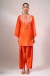Archana Shah_Orange Silk Embroidery, Tassels, Piping, Zari Round Neck, Split Kurta Set _Online_at_Aza_Fashions