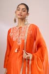 Archana Shah_Orange Silk Embroidery, Tassels, Piping, Zari Round Neck, Split Kurta Set _at_Aza_Fashions