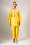 Archana Shah_Yellow Silk Embroidery, Zari, Tassels Round , Keyhole Kurta Set _at_Aza_Fashions