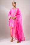 Buy_Archana Shah_Pink Silk Embroidery, Metallic Thread Split V-neck Dahlia Kurta Set _at_Aza_Fashions