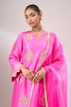 Archana Shah_Pink Silk Embroidery, Metallic Thread Split V-neck Dahlia Kurta Set _Online_at_Aza_Fashions