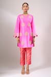 Shop_Archana Shah_Pink Silk Embroidery, Metallic Thread Split V-neck Dahlia Kurta Set _Online_at_Aza_Fashions