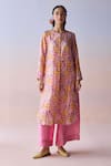 Buy_Surmaye_Coral Silk Sequins, Beads Round Neck Wildflower Embroidered Kurta And Pant Set _at_Aza_Fashions