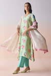 Buy_Surmaye_Mint Silk Sequins, Beads V-neck Kindred Petals Green Kurta And Pant Set 