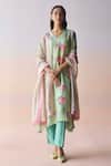 Buy_Surmaye_Mint Silk Sequins, Beads V-neck Kindred Petals Green Kurta And Pant Set _at_Aza_Fashions