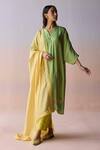 Shop_Surmaye_Green Silk Sequins, Beads Split V-neck Morning Whisper Kurta And Pant Set _Online_at_Aza_Fashions