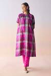 Buy_Surmaye_Multi Color Kota Doria, Silk Round Neck Rooted Pink Kurta Set _at_Aza_Fashions