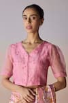 Buy_Surmaye_Coral Organza, Silk Embroidery, Beads V-neck Starbloom Pink Blouse _at_Aza_Fashions